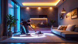 A photograph of a skilled lighting contractor installing vibrant led strip lighting in a modern interior space