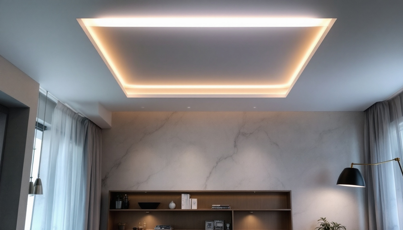 A photograph of a modern ceiling recessed light installation in a stylish interior setting