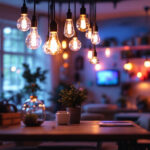 A photograph of a skilled lighting contractor installing or showcasing an array of decorative light fixtures in a beautifully lit space