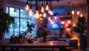 A photograph of a skilled lighting contractor installing or showcasing an array of decorative light fixtures in a beautifully lit space