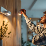 A photograph of a skilled lighting contractor installing a modern led lamp fixture in a stylish interior setting