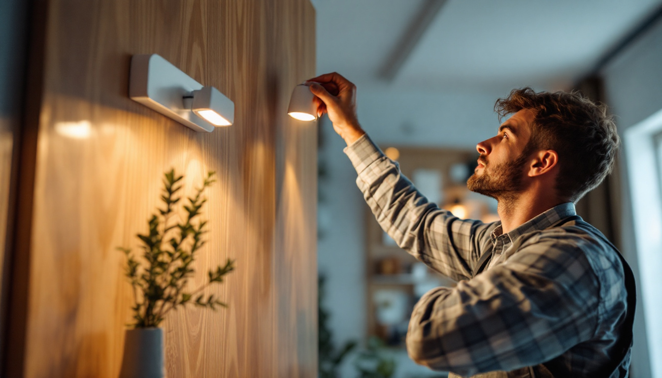 A photograph of a skilled lighting contractor installing a modern led lamp fixture in a stylish interior setting