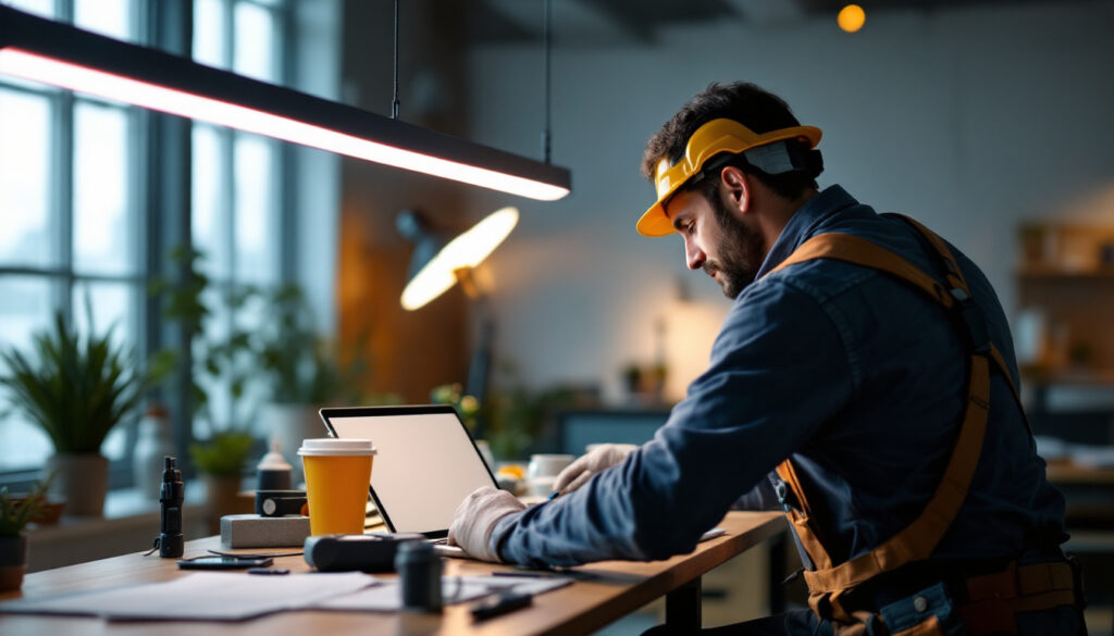A photograph of a well-lit workspace featuring a flat led light installation