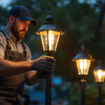 A photograph of a skilled lighting contractor installing or showcasing a variety of stylish post lamp fixtures in an outdoor setting