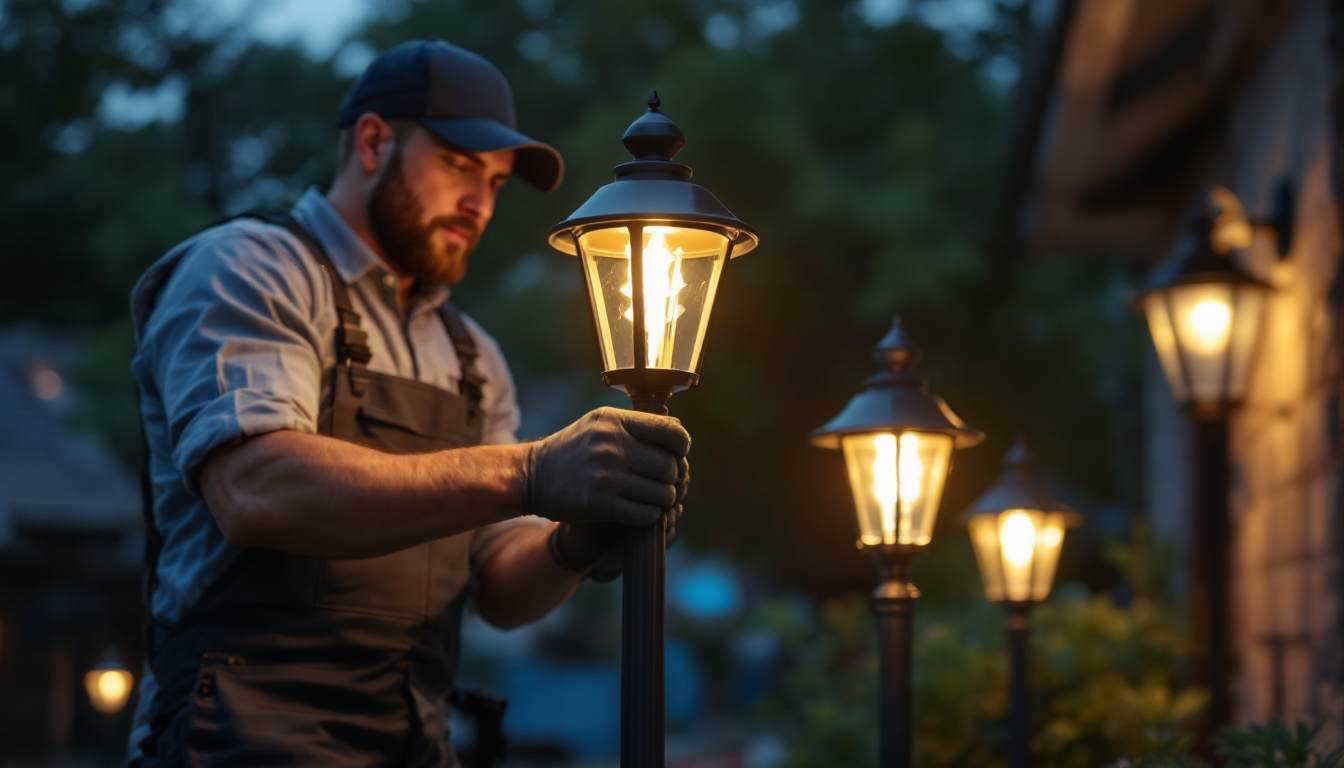 A photograph of a skilled lighting contractor installing or showcasing a variety of stylish post lamp fixtures in an outdoor setting