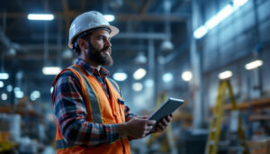 A photograph of a lighting contractor showcasing enerlites products in a dynamic work environment