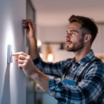 A photograph of a lighting contractor installing a switch with a light sensor in a well-lit residential setting