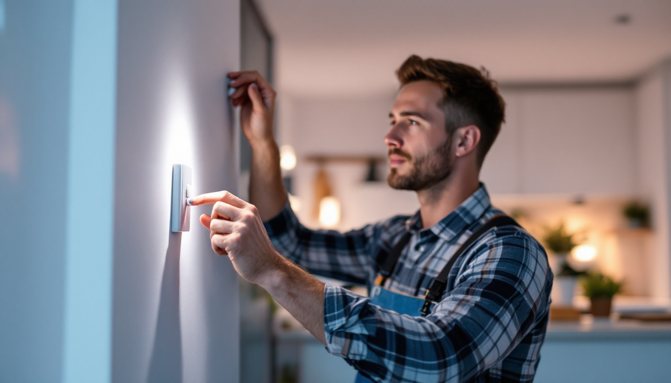 A photograph of a lighting contractor installing a switch with a light sensor in a well-lit residential setting