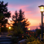 A photograph of a beautifully illuminated solar outdoor lamp post in a landscaped garden setting during twilight