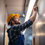 A photograph of a lighting contractor installing led four-foot tubes in a commercial space