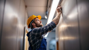 A photograph of a lighting contractor installing led four-foot tubes in a commercial space