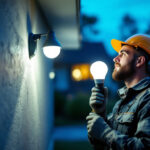 A photograph of a lighting contractor installing outdoor flood light bulbs in a residential or commercial setting