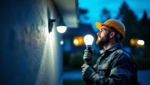 A photograph of a lighting contractor installing outdoor flood light bulbs in a residential or commercial setting