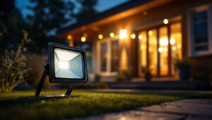 A photograph of a well-lit outdoor space showcasing an led flood light in action