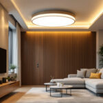 A photograph of a well-lit modern interior showcasing a stylish led flush mount light fixture