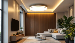 A photograph of a well-lit modern interior showcasing a stylish led flush mount light fixture