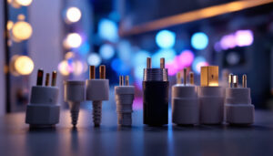 A photograph of a close-up of various types of dryer plugs and their connections