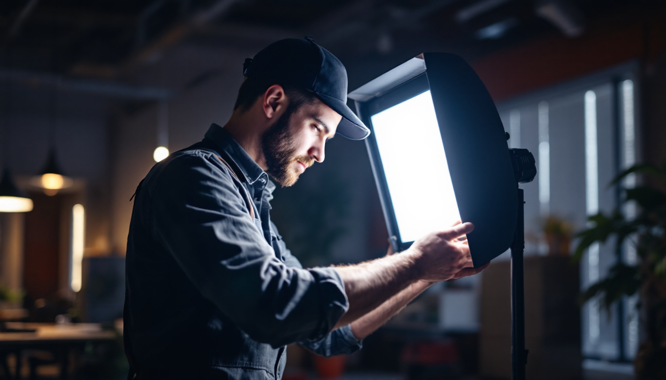 A photograph of a lighting contractor in action