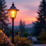 A photograph of a beautifully designed outdoor lamp post with an integrated electrical outlet