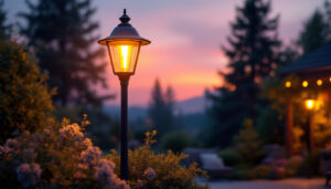 A photograph of a beautifully designed outdoor lamp post with an integrated electrical outlet