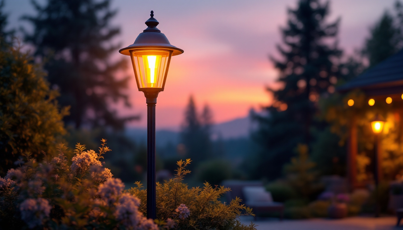 A photograph of a beautifully designed outdoor lamp post with an integrated electrical outlet