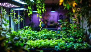 A photograph of a well-lit outdoor garden scene showcasing various types of grow lights in use
