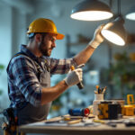 A photograph of a lighting contractor at work