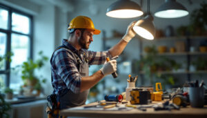 A photograph of a lighting contractor at work