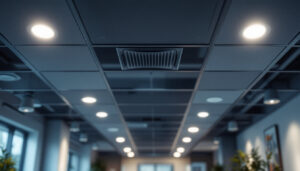 A photograph of a well-lit drop ceiling installation featuring recessed can lights