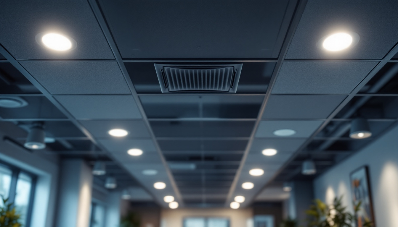 A photograph of a well-lit drop ceiling installation featuring recessed can lights