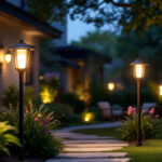 A photograph of a beautifully illuminated outdoor space featuring stylish lighting posts that enhance the ambiance