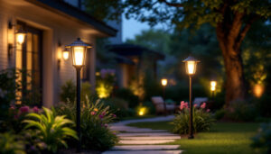 A photograph of a beautifully illuminated outdoor space featuring stylish lighting posts that enhance the ambiance