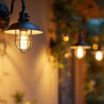 A photograph of a well-lit outdoor scene showcasing stylish barn lights illuminating a cozy patio or garden area