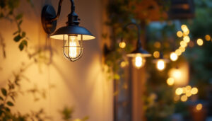 A photograph of a well-lit outdoor scene showcasing stylish barn lights illuminating a cozy patio or garden area