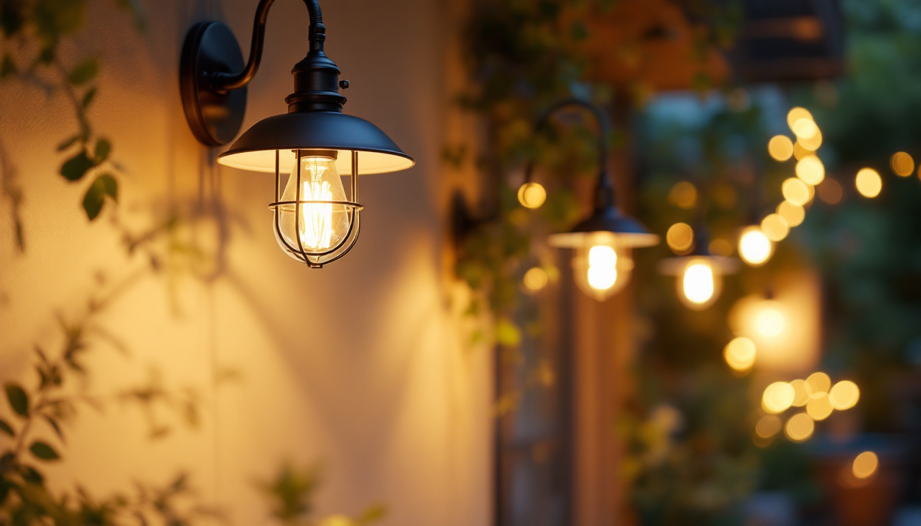 A photograph of a well-lit outdoor scene showcasing stylish barn lights illuminating a cozy patio or garden area