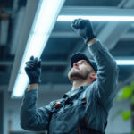 A photograph of a lighting contractor skillfully installing a fluorescent light bulb in a modern workspace