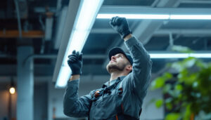 A photograph of a lighting contractor skillfully installing a fluorescent light bulb in a modern workspace