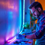A photograph of a skilled lighting contractor expertly installing flexible led strip lights in a stylish interior setting