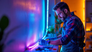 A photograph of a skilled lighting contractor expertly installing flexible led strip lights in a stylish interior setting