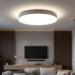 A photograph of a modern led flush mount light fixture installed in a stylish interior setting