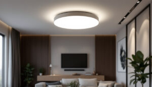 A photograph of a modern led flush mount light fixture installed in a stylish interior setting