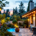A photograph of a lighting contractor installing waterproof outdoor ceiling lights in a beautifully landscaped patio setting
