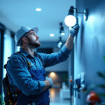 A photograph of a skilled lighting contractor in action