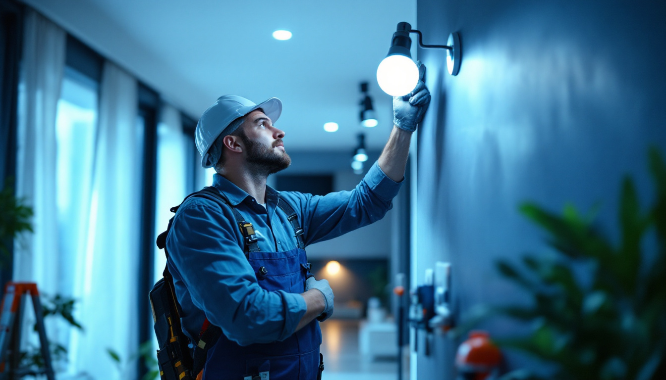 A photograph of a skilled lighting contractor in action