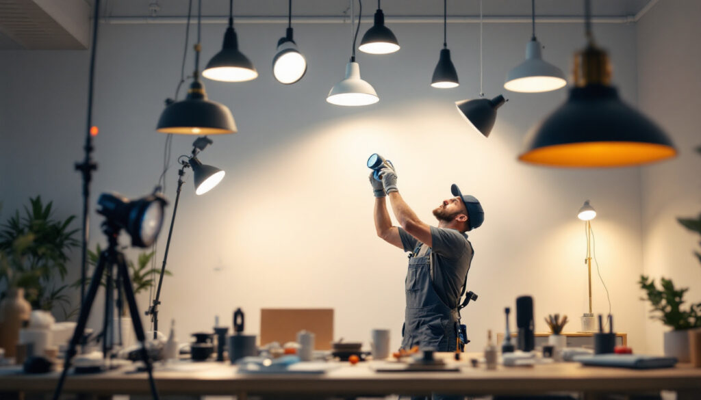 A photograph of a lighting contractor efficiently installing modern fixtures in a well-lit space