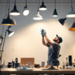 A photograph of a lighting contractor efficiently installing modern fixtures in a well-lit space
