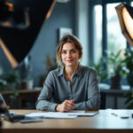 A photograph of a well-lit talking head setup featuring a subject in a professional environment