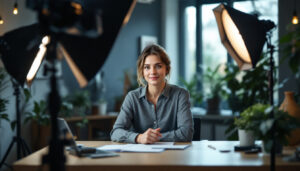 A photograph of a well-lit talking head setup featuring a subject in a professional environment