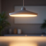 A photograph of capture a photograph of a modern overhead light fixture in a stylish interior setting