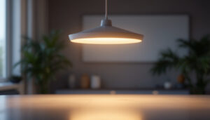 A photograph of capture a photograph of a modern overhead light fixture in a stylish interior setting